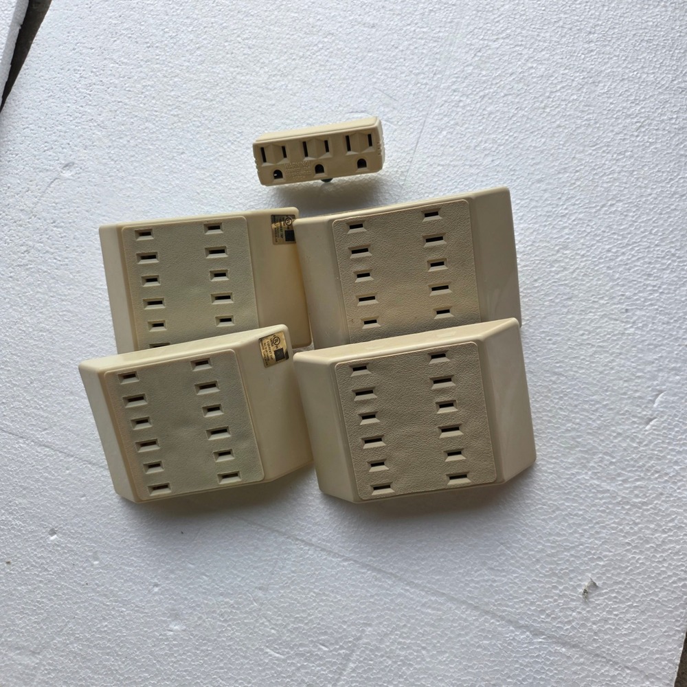 Vintage Lot of 5 Wall Outlet Adapters 6-Outlet Taps and 3-Outlet Grounded Plug